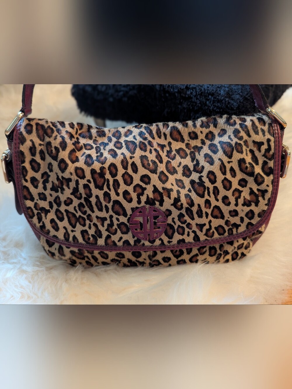 ANTONIO MELANI LEOPARD PRINT leather shoulder bag purse pink/red accents gold